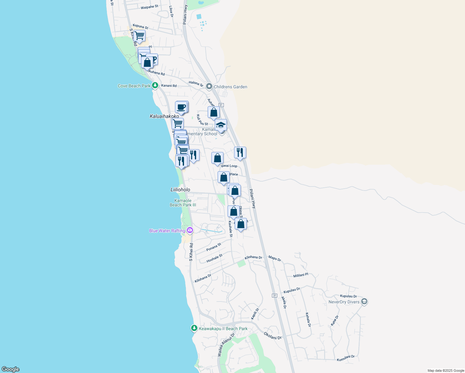 map of restaurants, bars, coffee shops, grocery stores, and more near 2644 Moolio Pl in Kihei