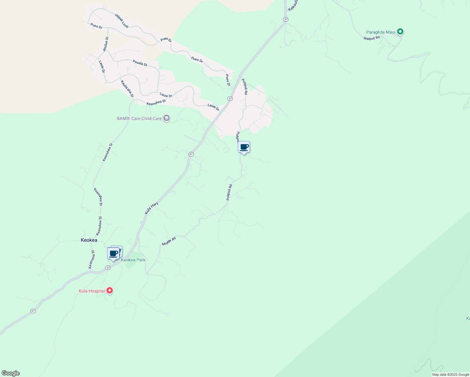map of restaurants, bars, coffee shops, grocery stores, and more near 1172 Polipoli Road in Kula