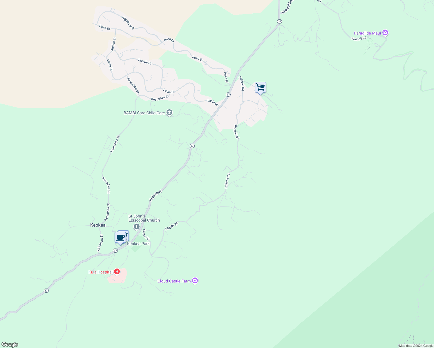 map of restaurants, bars, coffee shops, grocery stores, and more near 1076 Polipoli Road in Kula