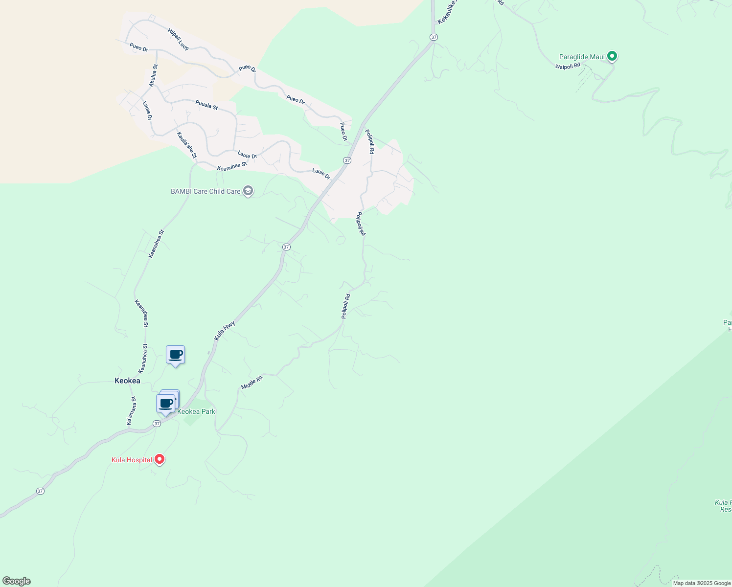 map of restaurants, bars, coffee shops, grocery stores, and more near 1051 Polipoli Road in Kula