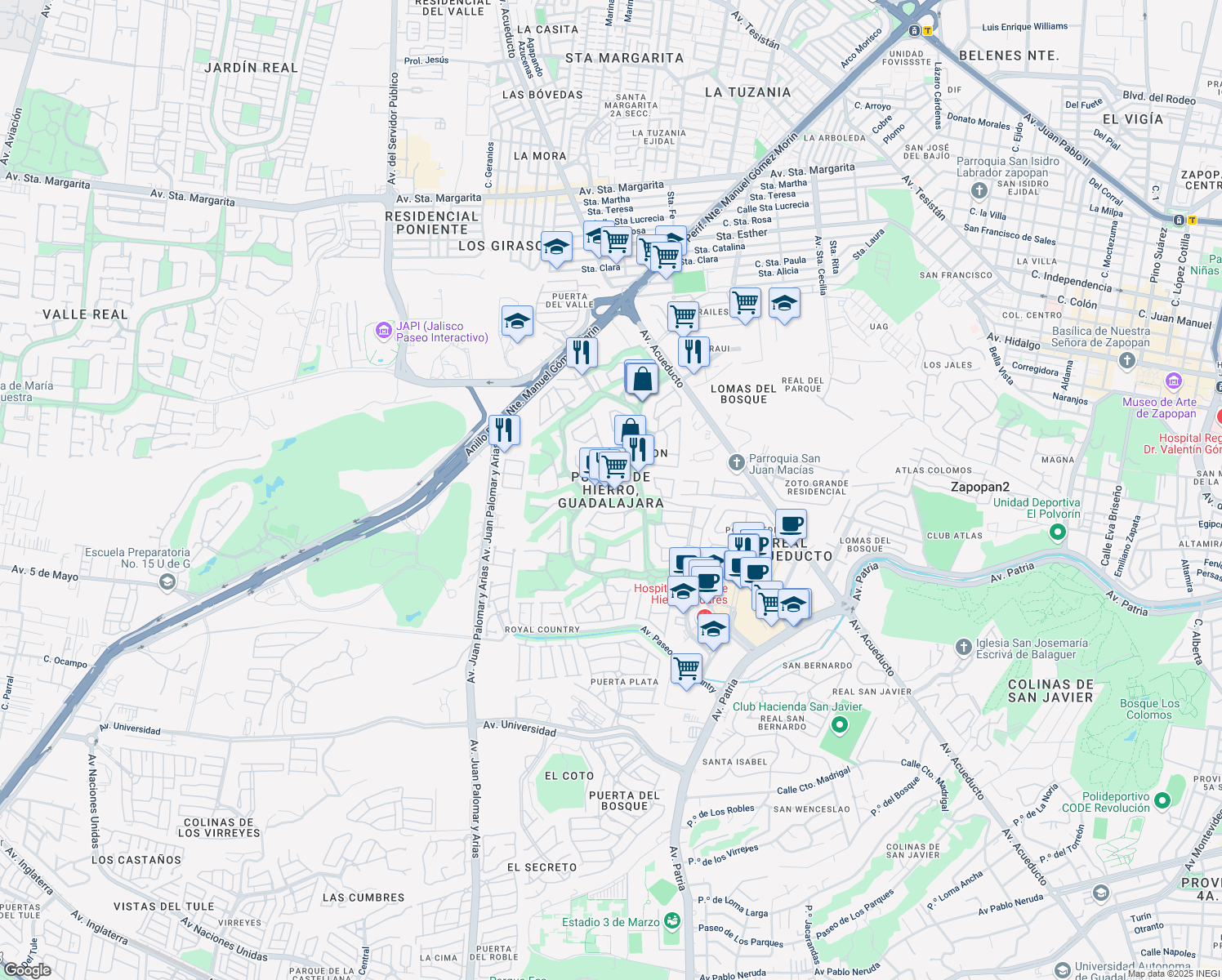 map of restaurants, bars, coffee shops, grocery stores, and more near in Zapopan