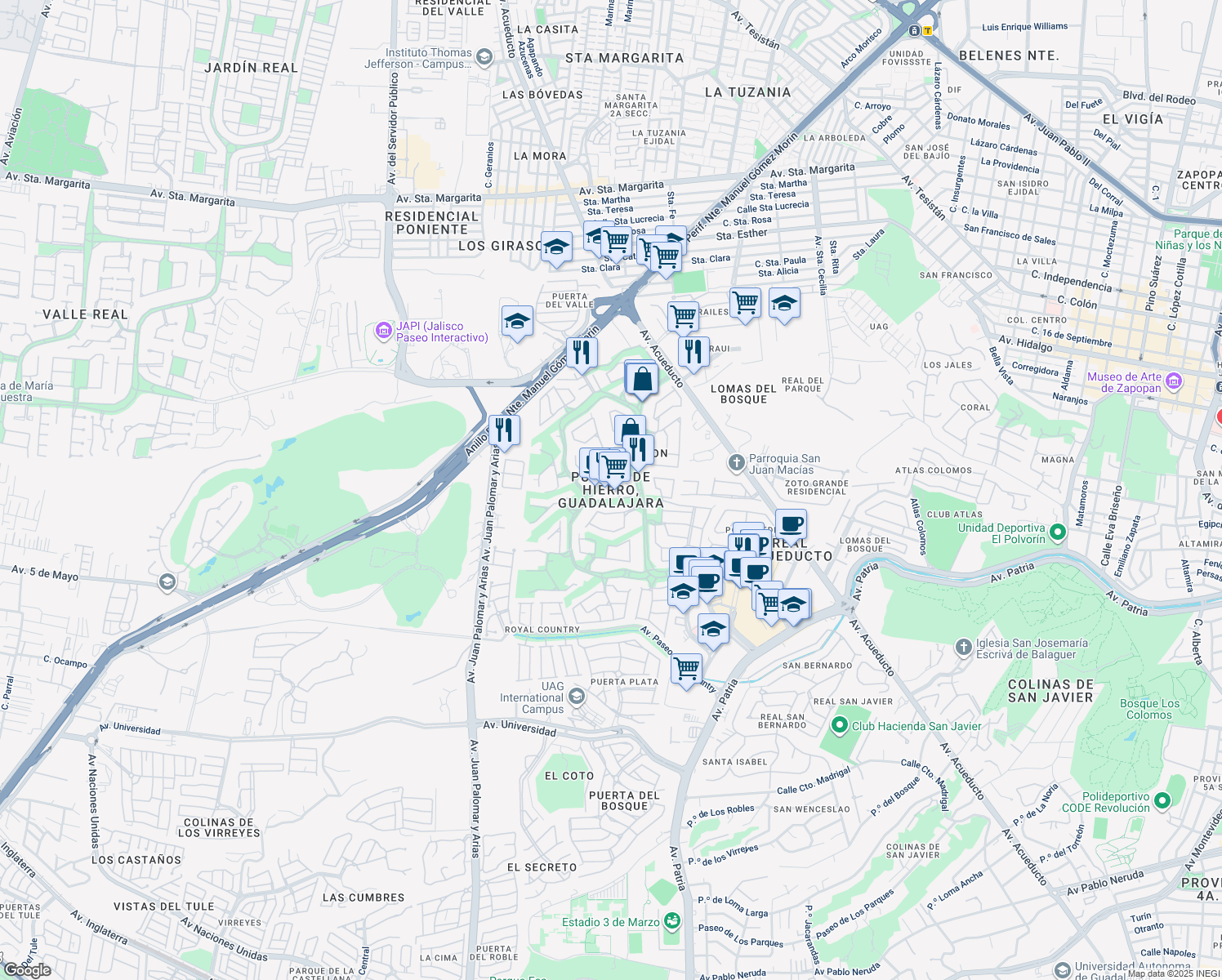 map of restaurants, bars, coffee shops, grocery stores, and more near in Zapopan