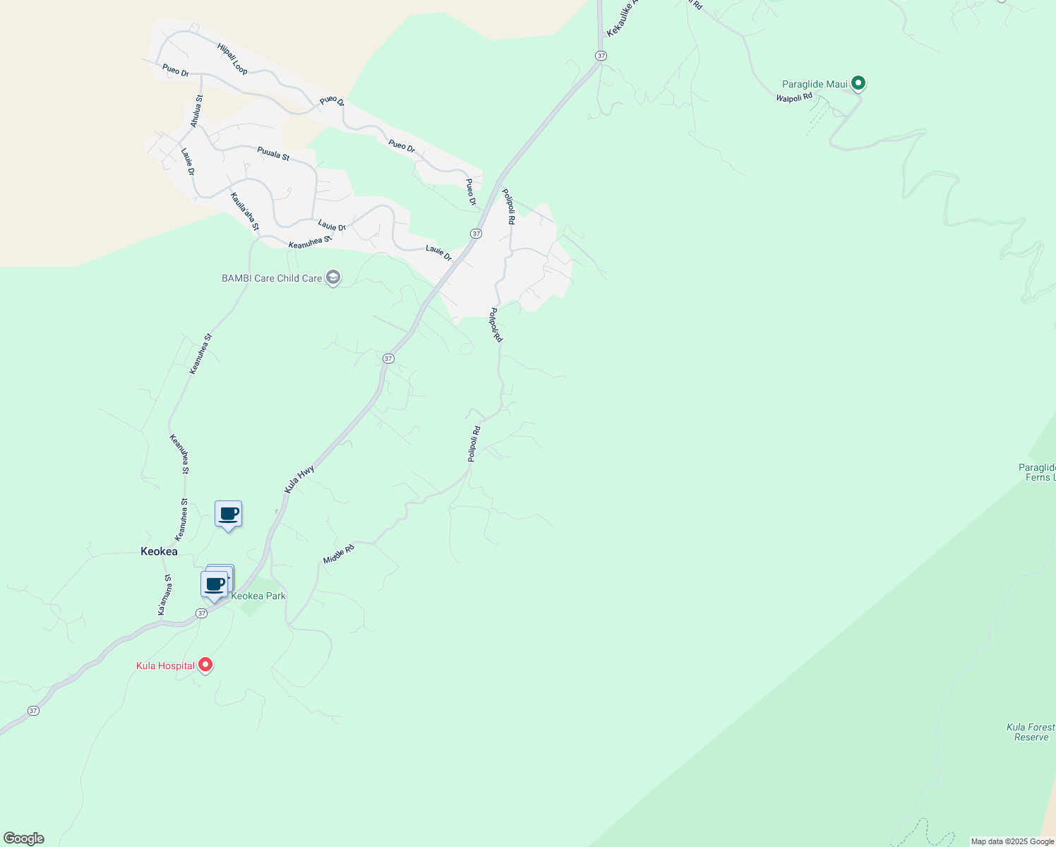 map of restaurants, bars, coffee shops, grocery stores, and more near 1350 Middle Road in Kula