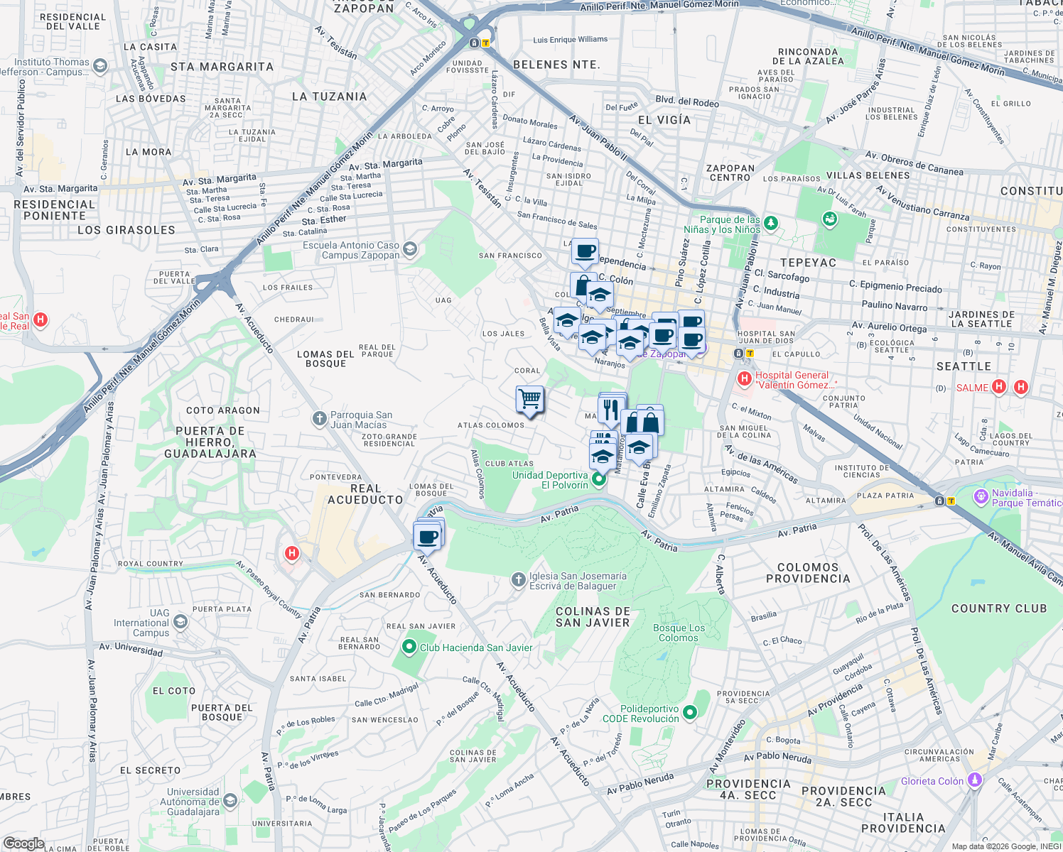 map of restaurants, bars, coffee shops, grocery stores, and more near 80 Atlas Colomos in Zapopan
