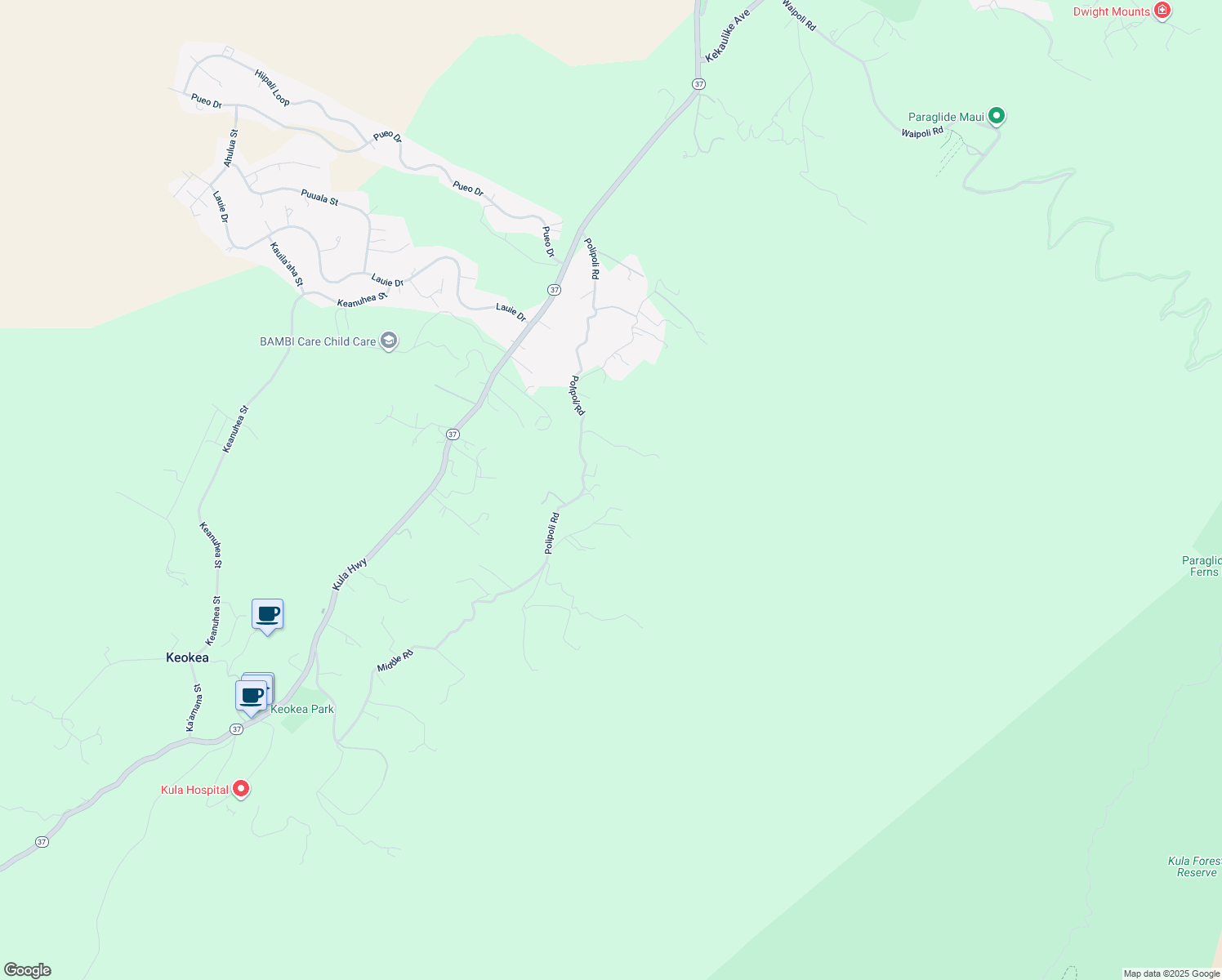 map of restaurants, bars, coffee shops, grocery stores, and more near 1415 Middle Road in Kula