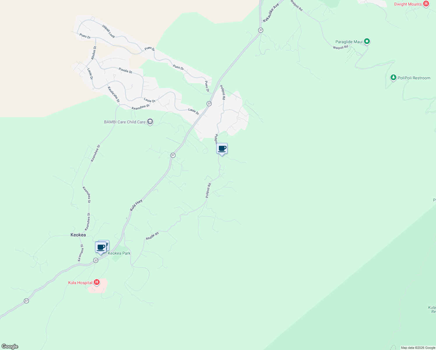 map of restaurants, bars, coffee shops, grocery stores, and more near 984 Polipoli Road in Kula