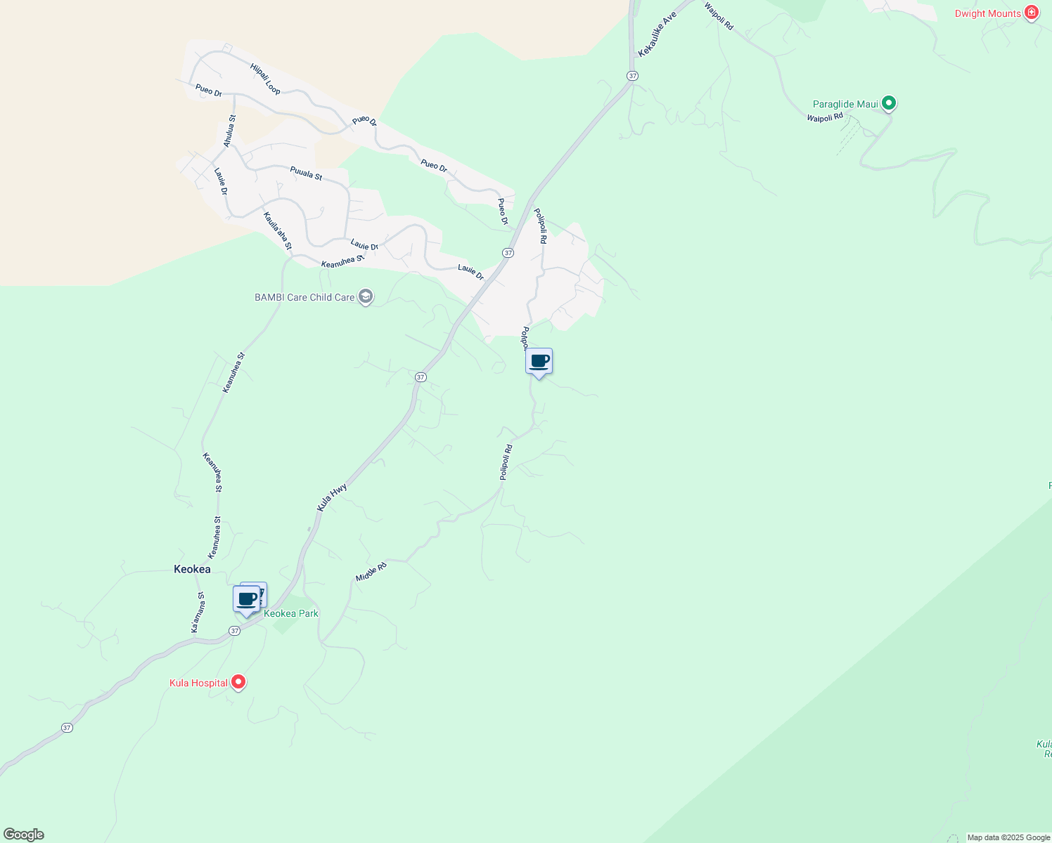 map of restaurants, bars, coffee shops, grocery stores, and more near 980 Polipoli Road in Kula