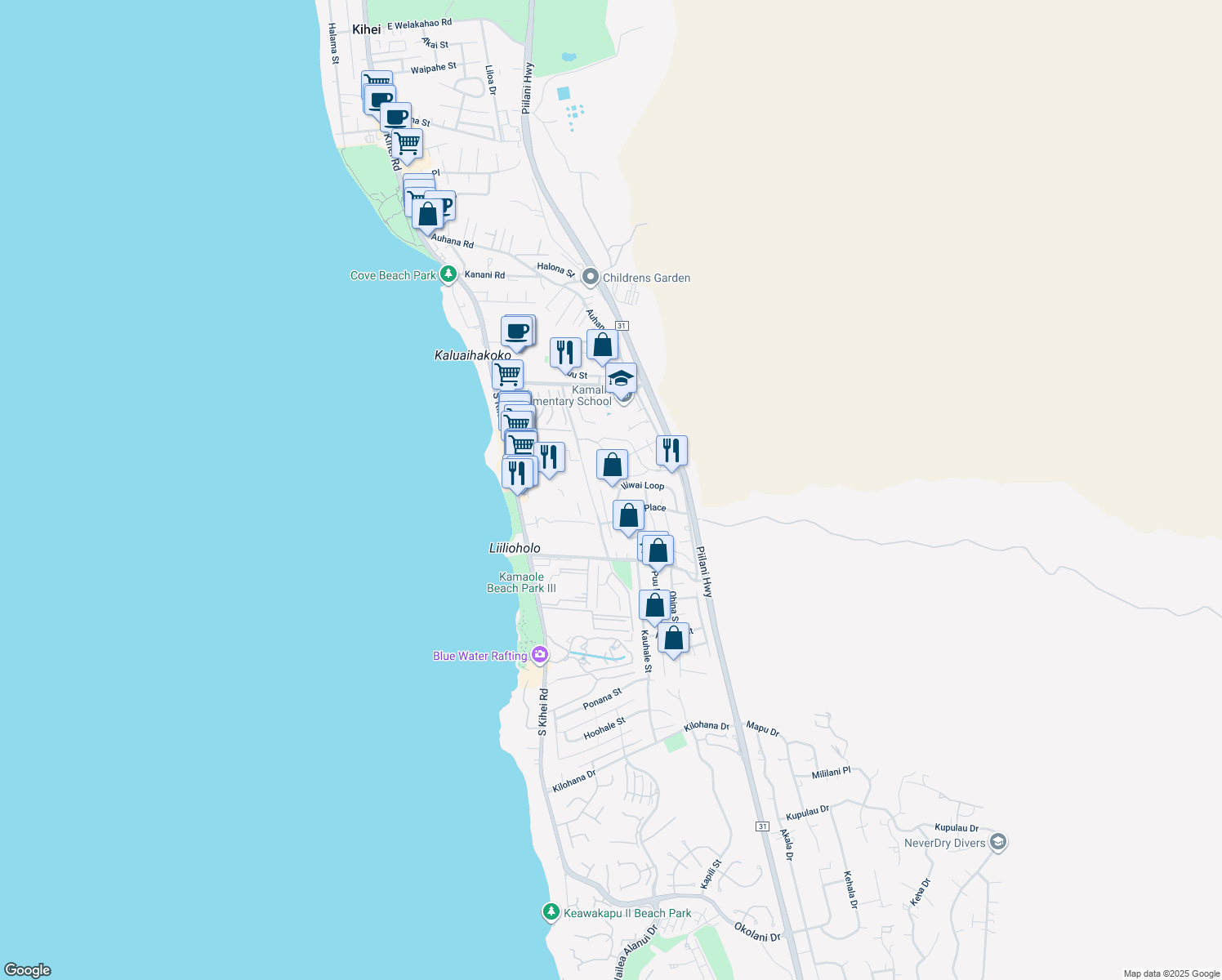 map of restaurants, bars, coffee shops, grocery stores, and more near 15 Omaka Place in Kihei