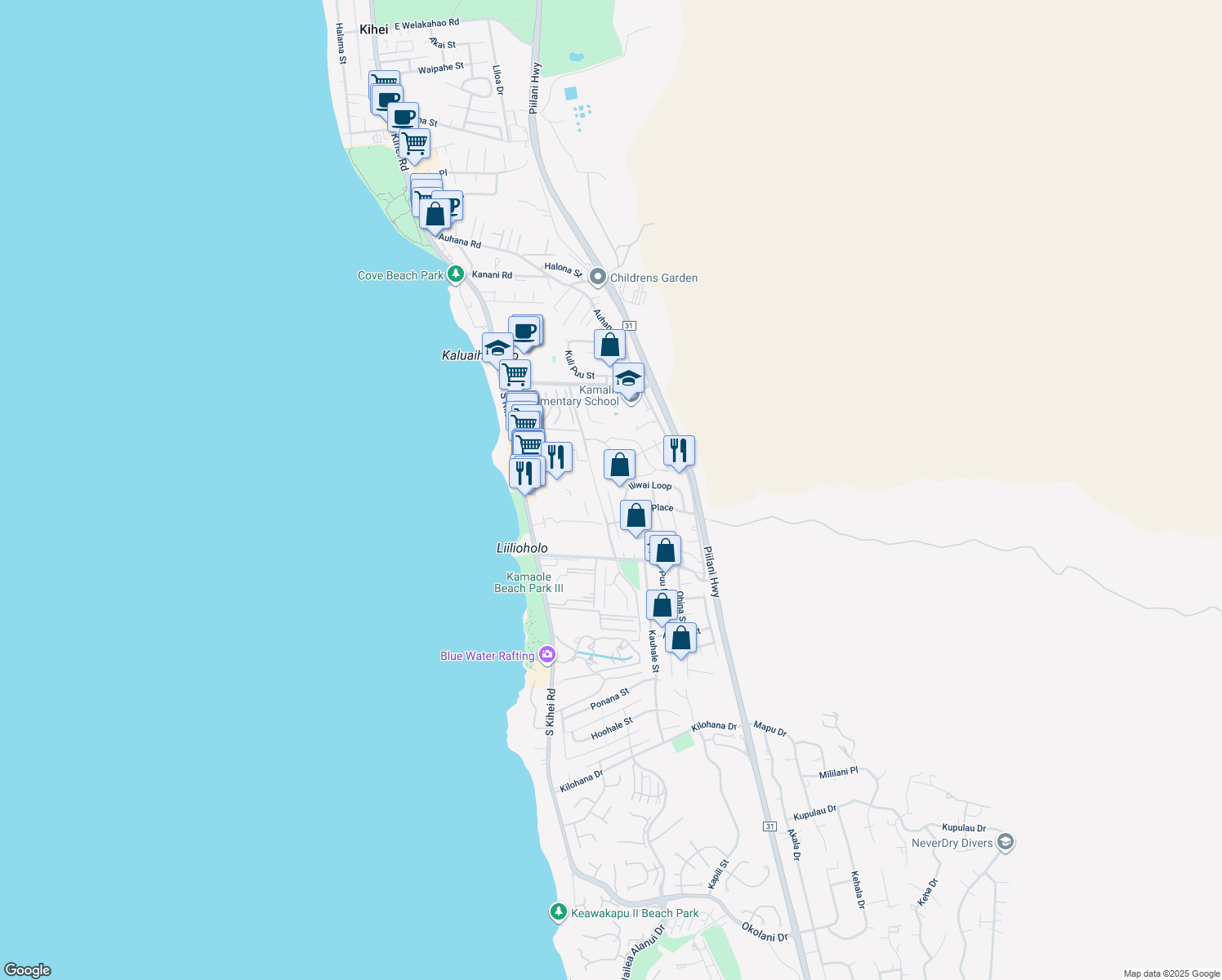 map of restaurants, bars, coffee shops, grocery stores, and more near 2533 Omiko Place in Kihei