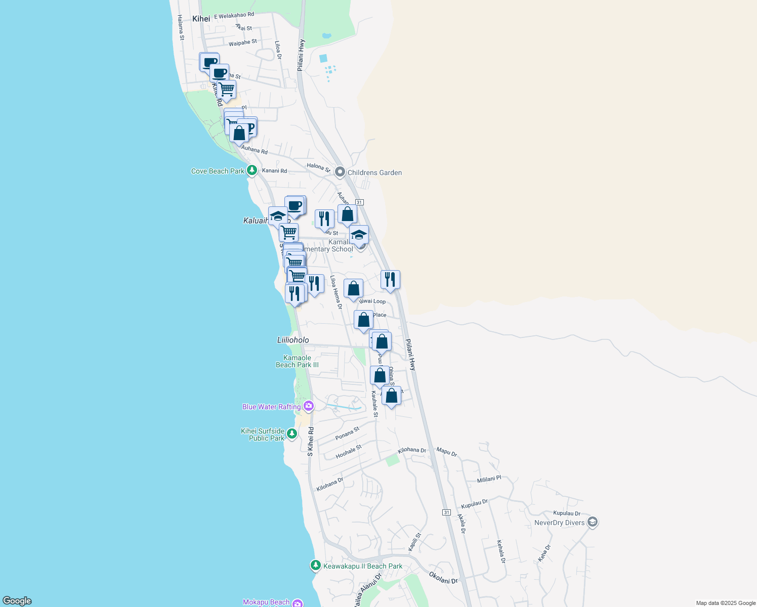 map of restaurants, bars, coffee shops, grocery stores, and more near 116 Iliwai Loop in Kihei