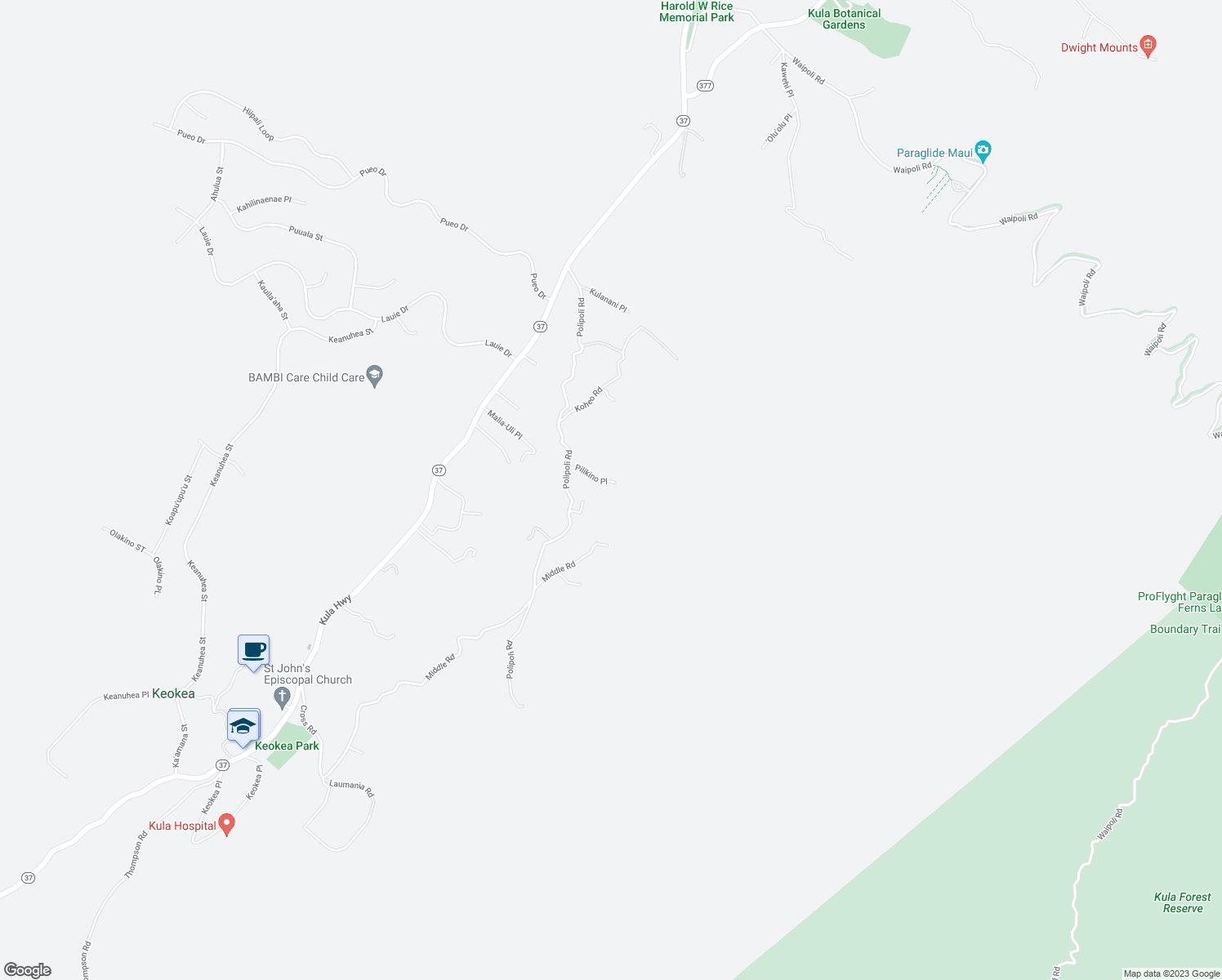 map of restaurants, bars, coffee shops, grocery stores, and more near 120 Pilikino Place in Kula