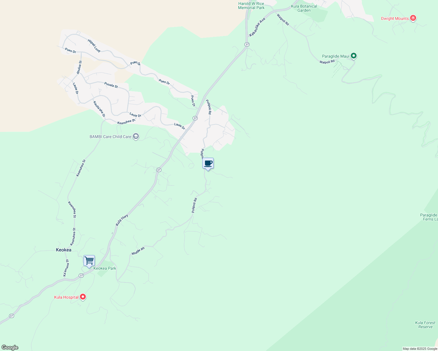 map of restaurants, bars, coffee shops, grocery stores, and more near 120 Pilikino Place in Kula