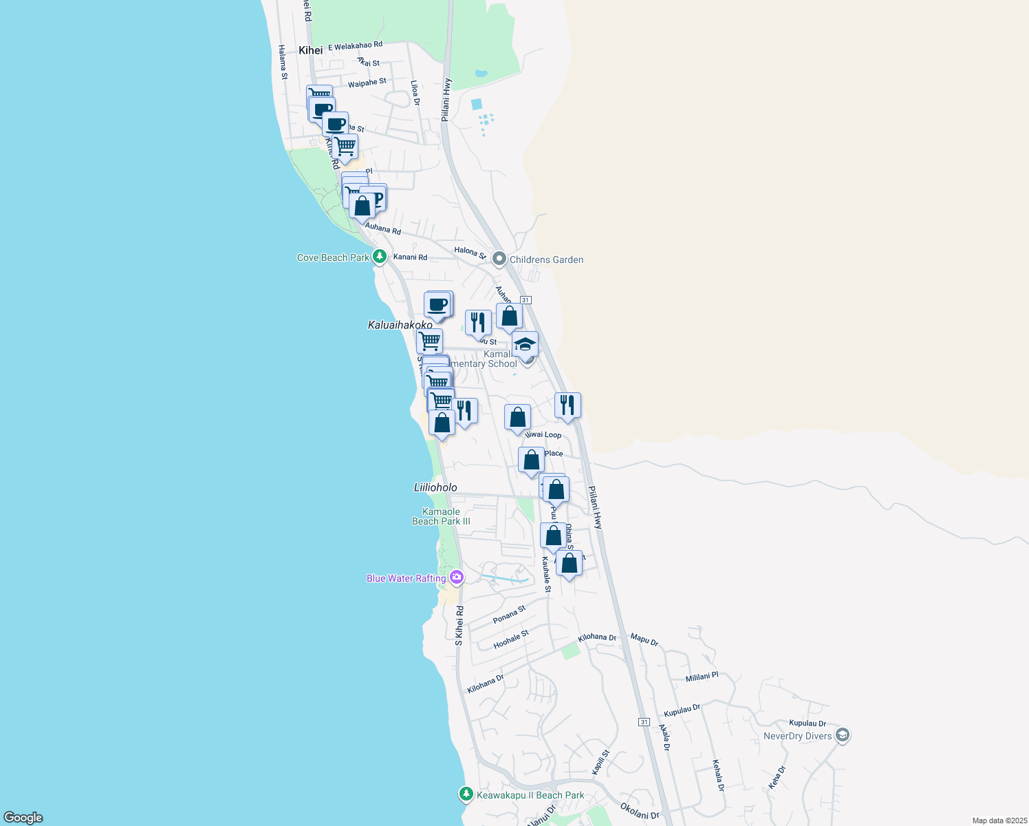map of restaurants, bars, coffee shops, grocery stores, and more near 4 Puuwai Place in Kihei