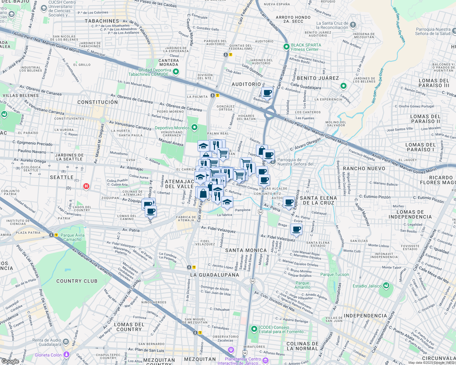 map of restaurants, bars, coffee shops, grocery stores, and more near Calle Ramón Corona in Zapopan