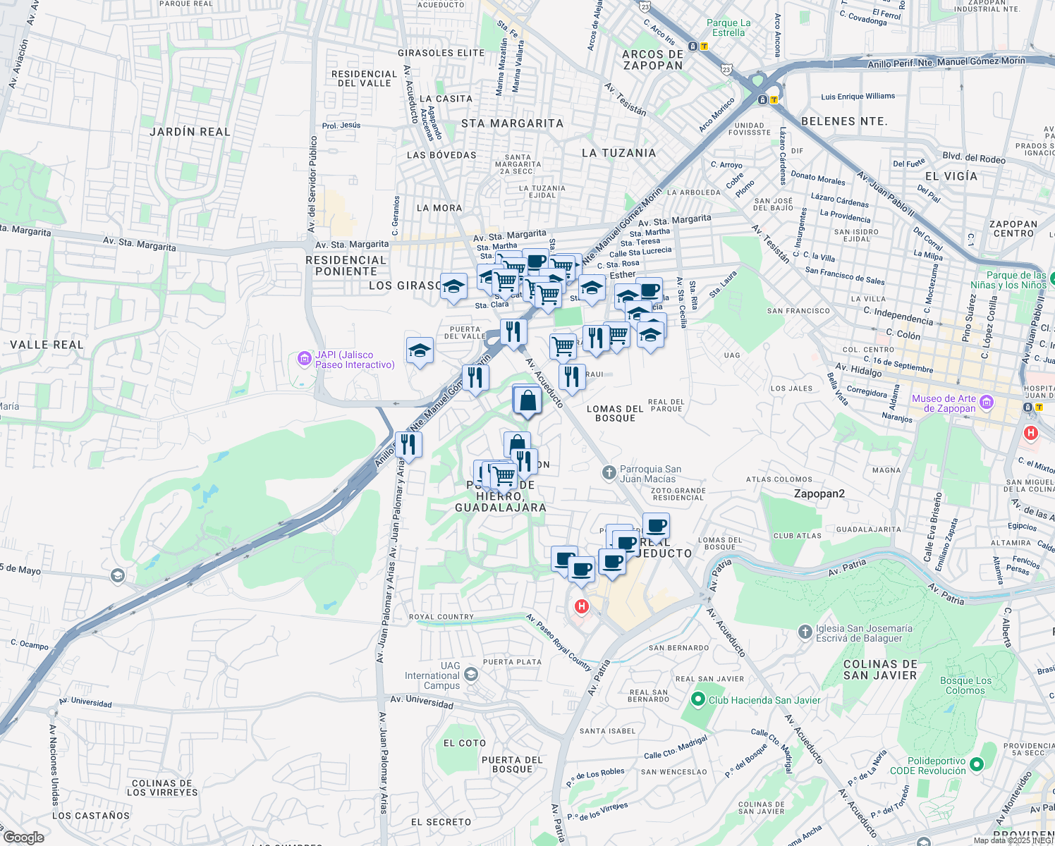 map of restaurants, bars, coffee shops, grocery stores, and more near 5065 Boulevard Puerta de Hierro in Zapopan