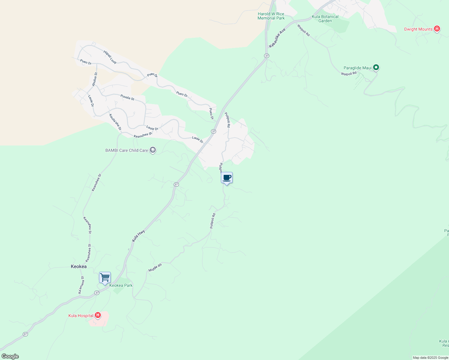 map of restaurants, bars, coffee shops, grocery stores, and more near 721 Polipoli Road in Kula