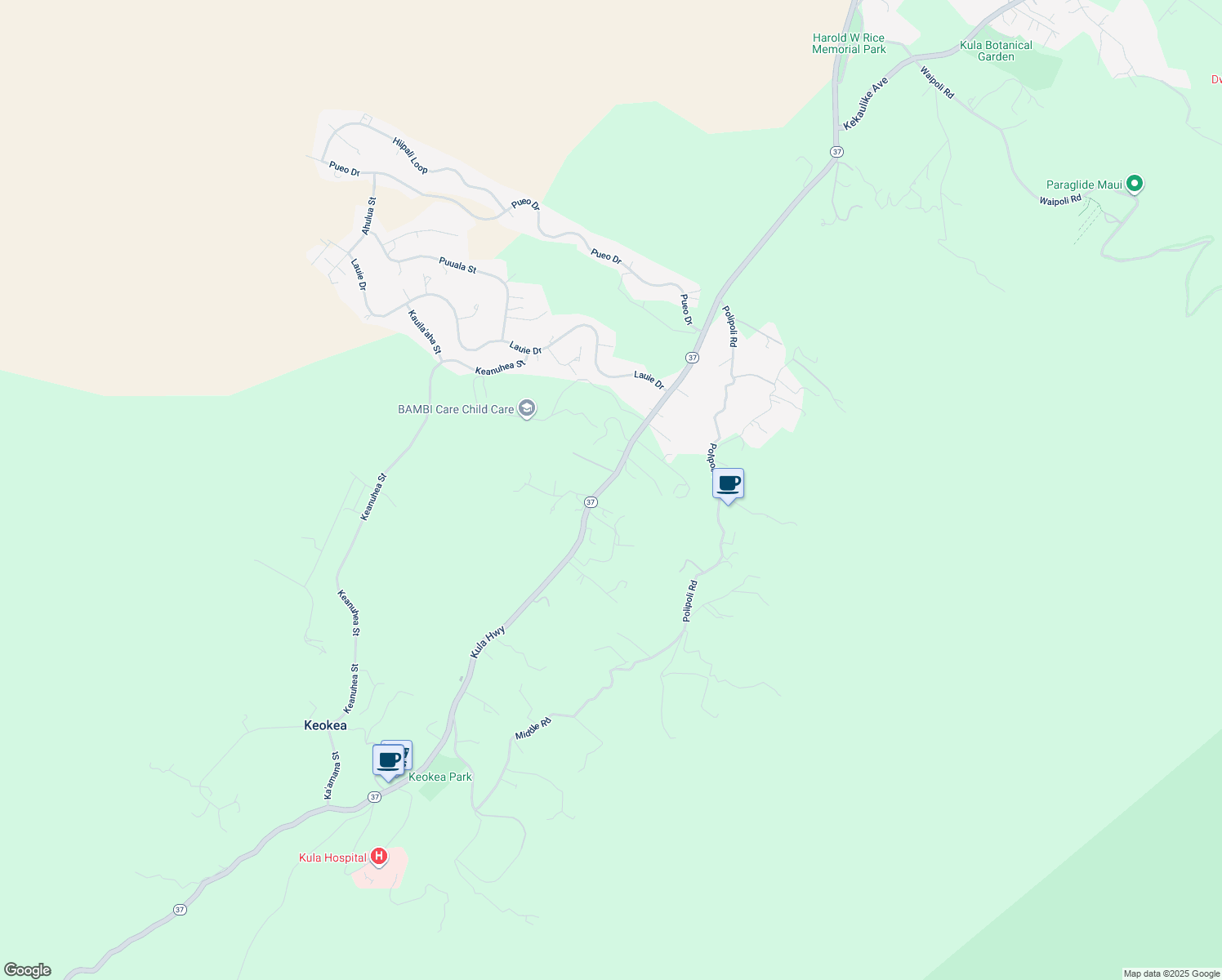 map of restaurants, bars, coffee shops, grocery stores, and more near 7925 Kula Highway in Kula