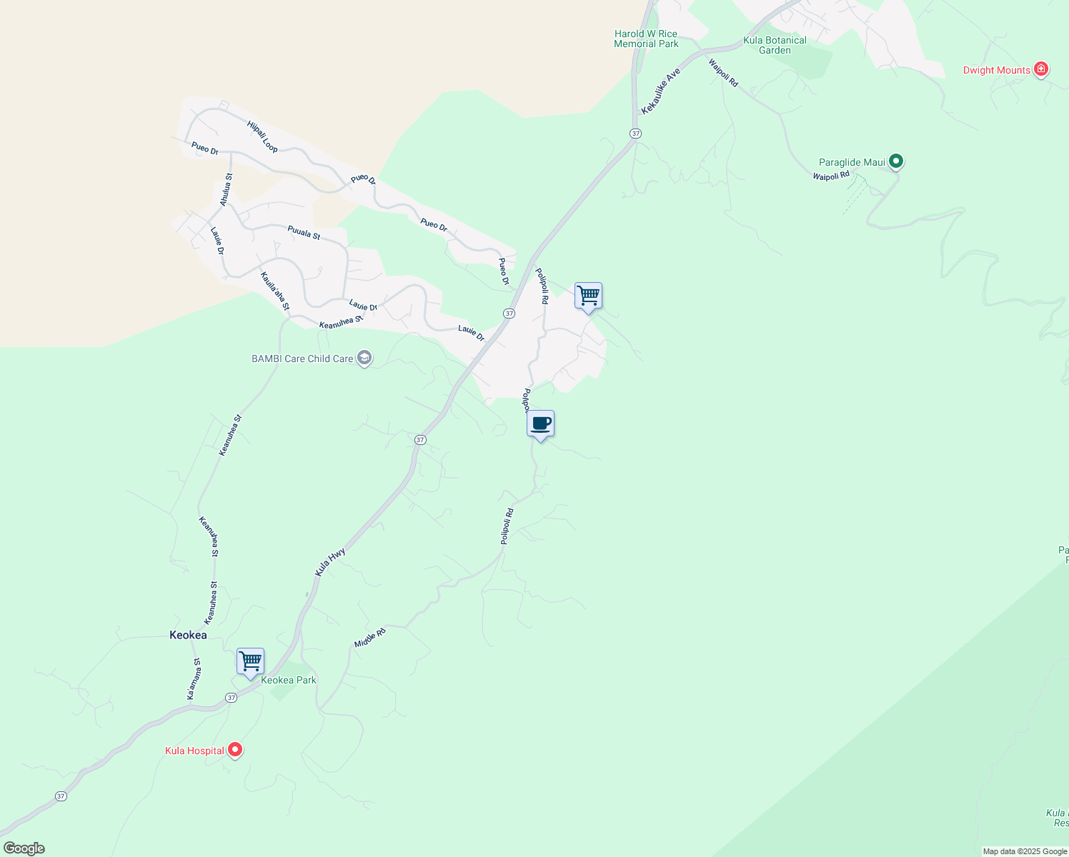 map of restaurants, bars, coffee shops, grocery stores, and more near 721 Polipoli Road in Kula