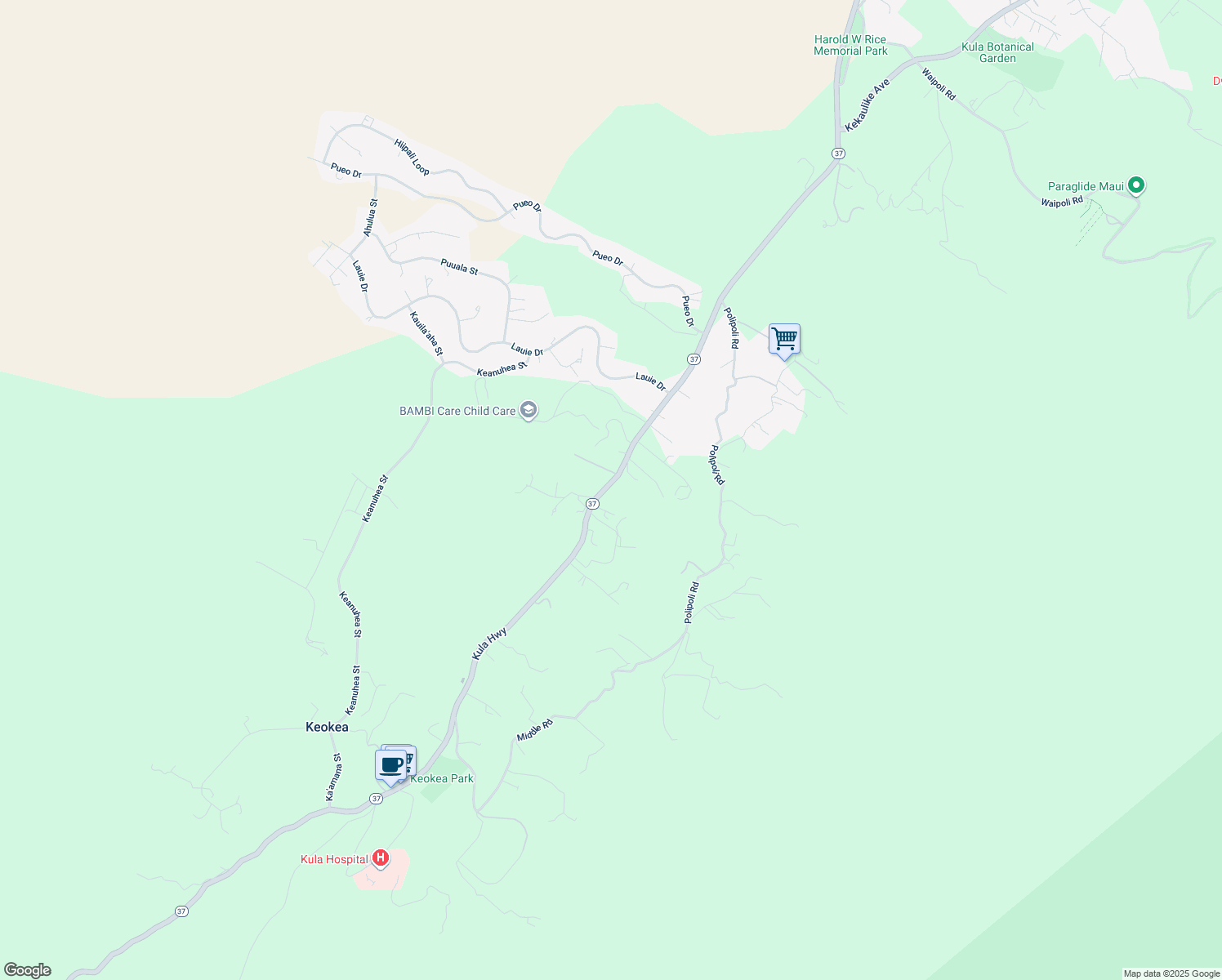 map of restaurants, bars, coffee shops, grocery stores, and more near 7925 Kula Highway in Kula