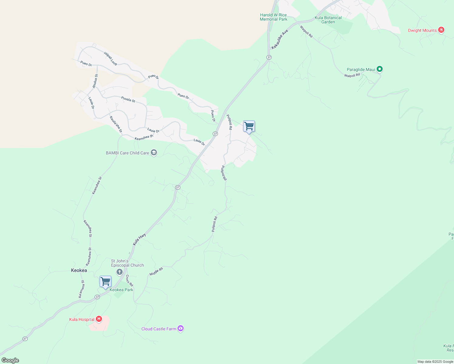 map of restaurants, bars, coffee shops, grocery stores, and more near 721 Polipoli Road in Kula