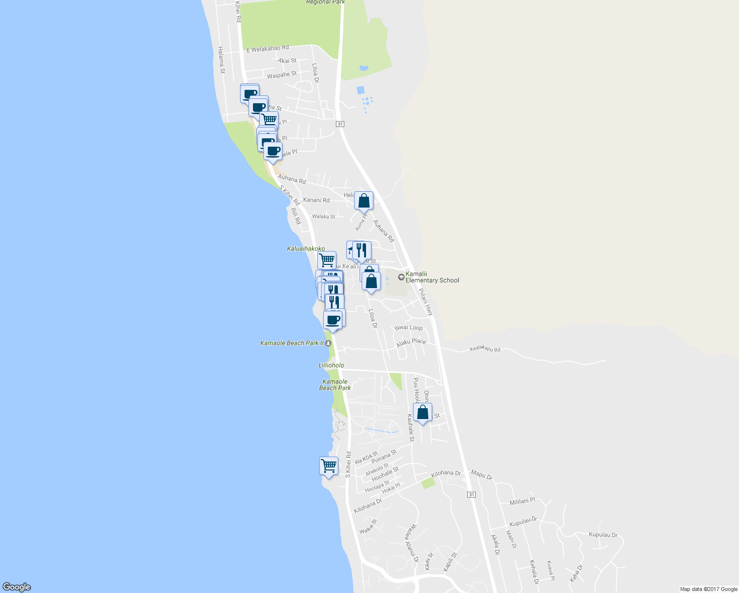 map of restaurants, bars, coffee shops, grocery stores, and more near 9 Moana Avenue in Kihei