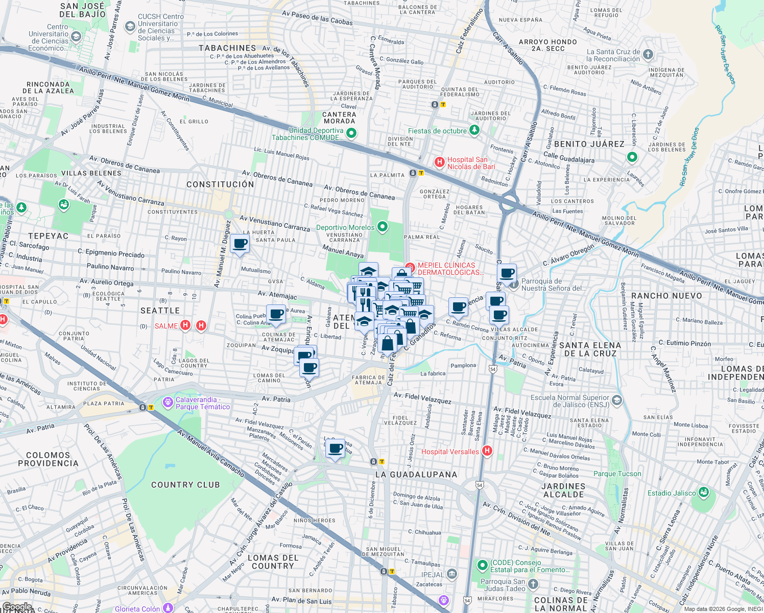 map of restaurants, bars, coffee shops, grocery stores, and more near Calle Ramón Corona in Zapopan