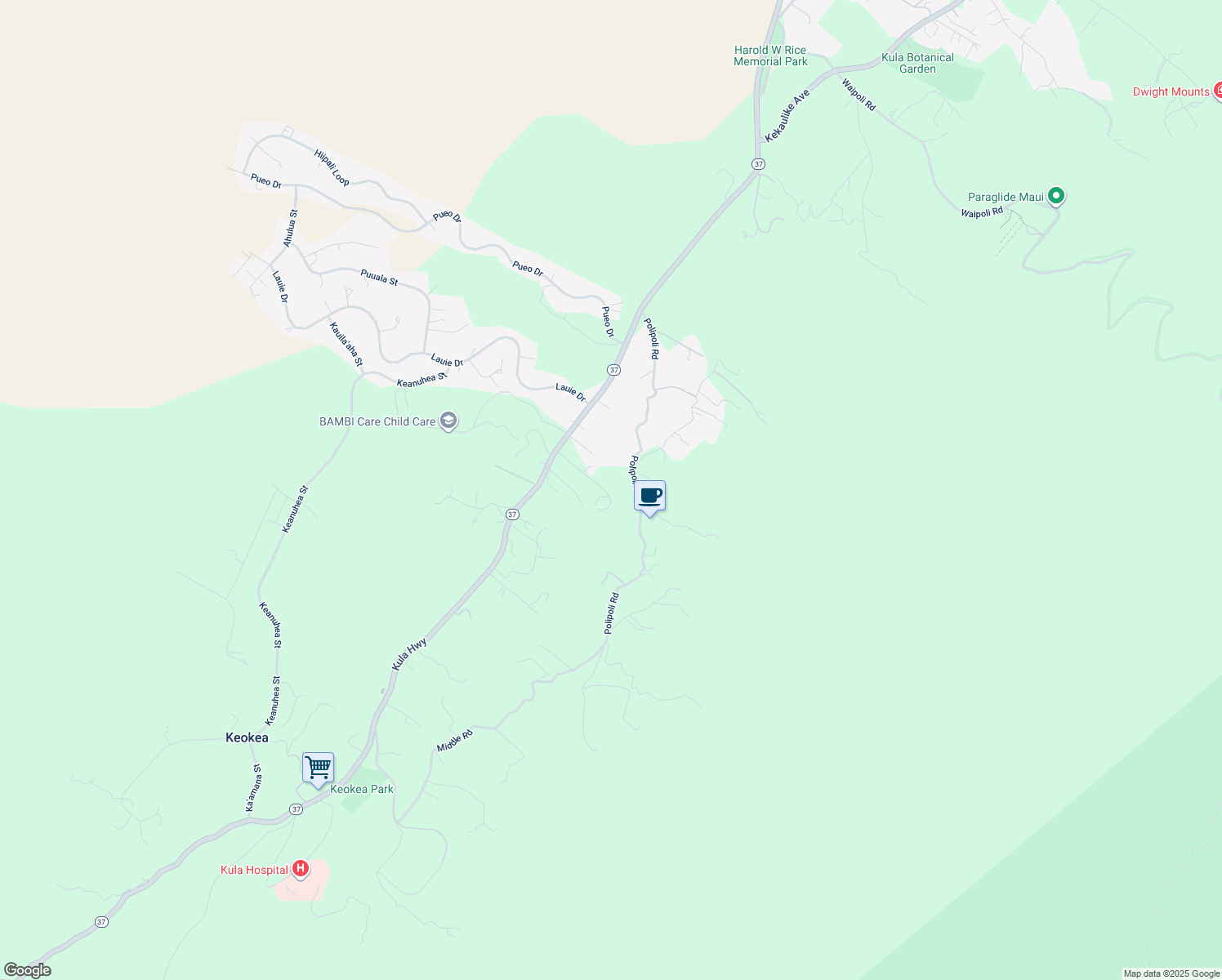 map of restaurants, bars, coffee shops, grocery stores, and more near 7733 Kula Highway in Kula