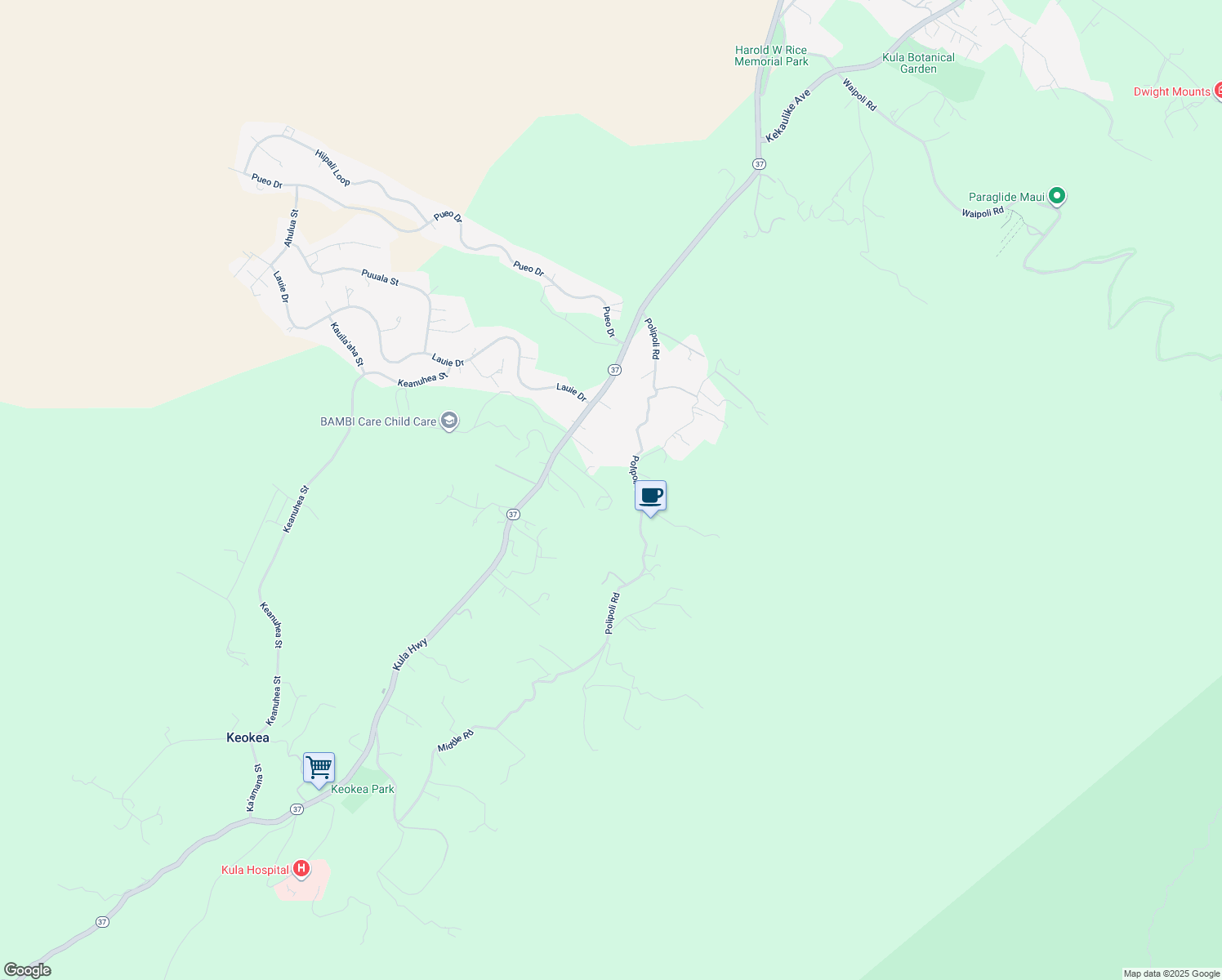 map of restaurants, bars, coffee shops, grocery stores, and more near 7733 Kula Highway in Kula