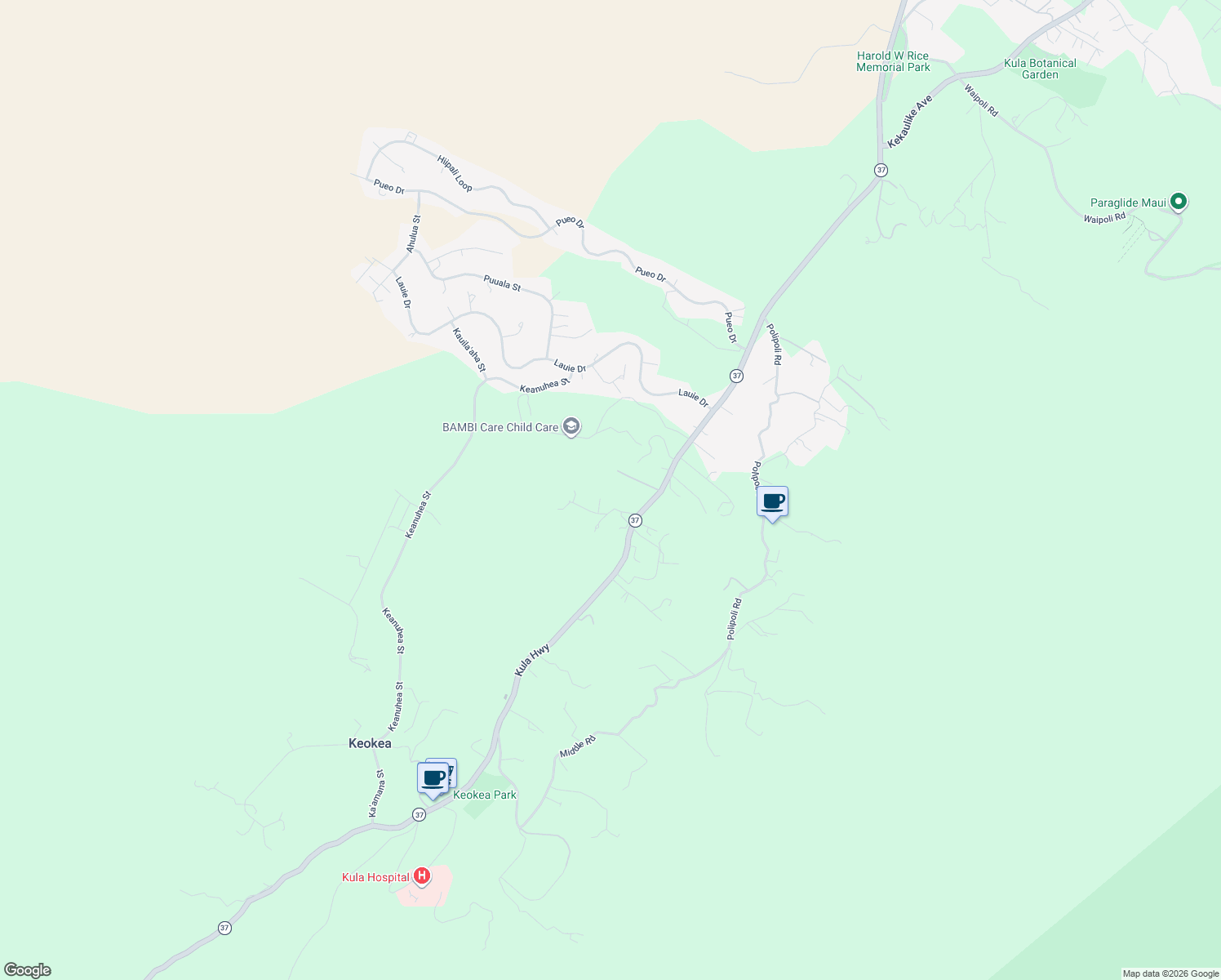 map of restaurants, bars, coffee shops, grocery stores, and more near 7990 Kula Highway in Kula