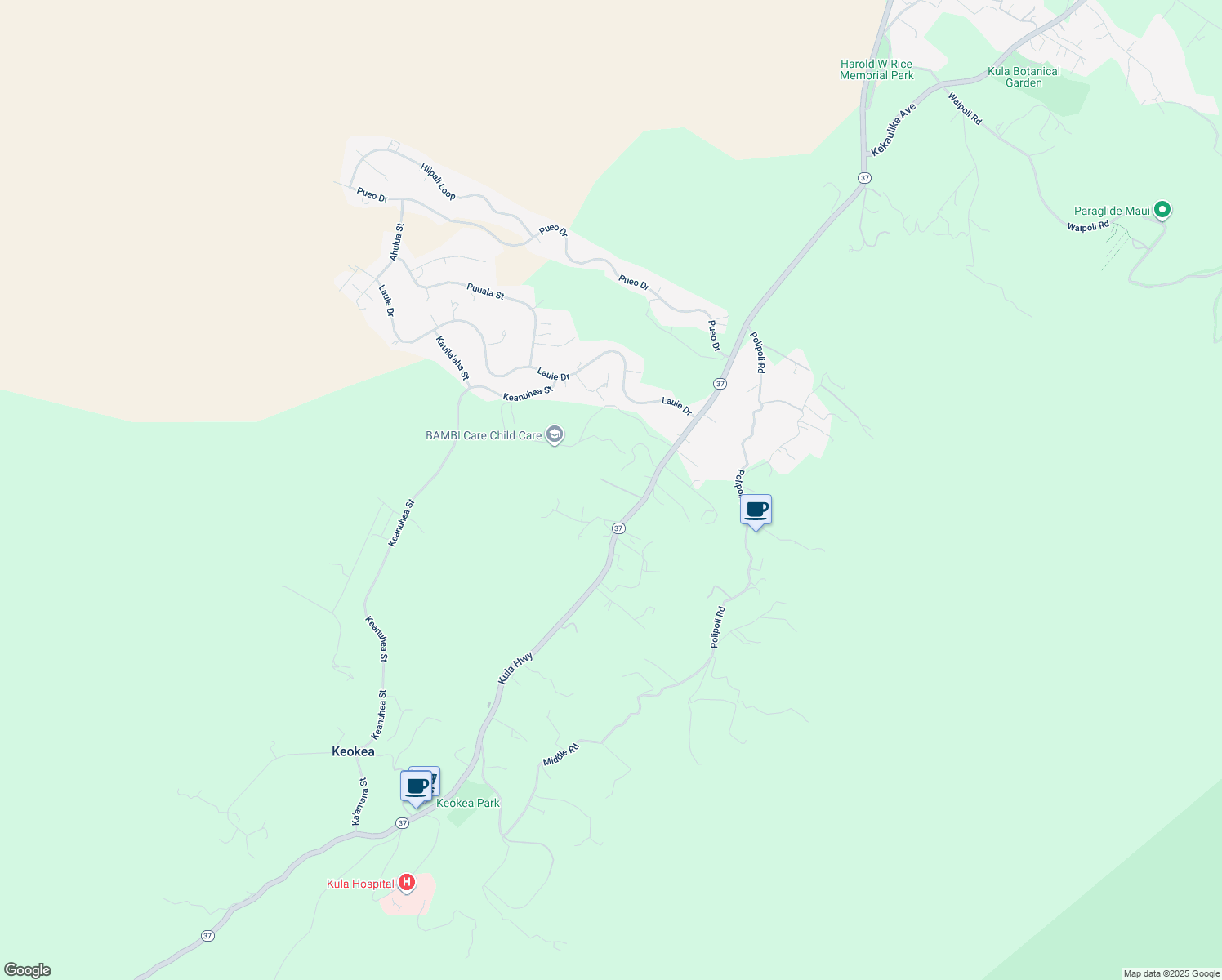 map of restaurants, bars, coffee shops, grocery stores, and more near 7990 Kula Highway in Kula