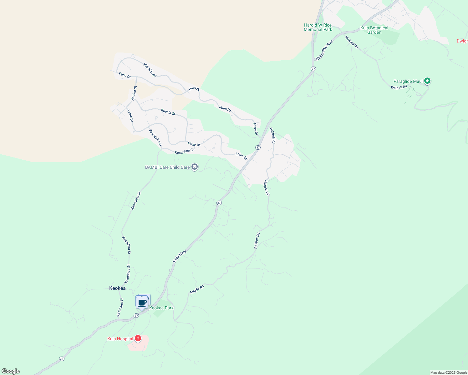 map of restaurants, bars, coffee shops, grocery stores, and more near 7791 Kula Highway in Kula