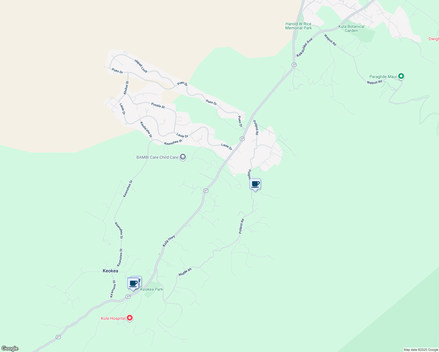 map of restaurants, bars, coffee shops, grocery stores, and more near 7791 Kula Highway in Kula