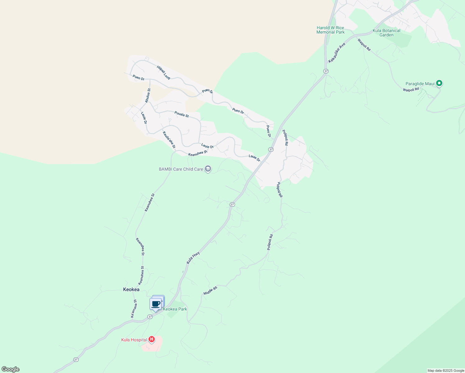 map of restaurants, bars, coffee shops, grocery stores, and more near 7850 Kula Highway in Kula