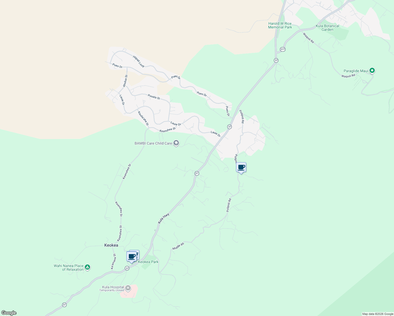 map of restaurants, bars, coffee shops, grocery stores, and more near 7990 Kula Highway in Kula
