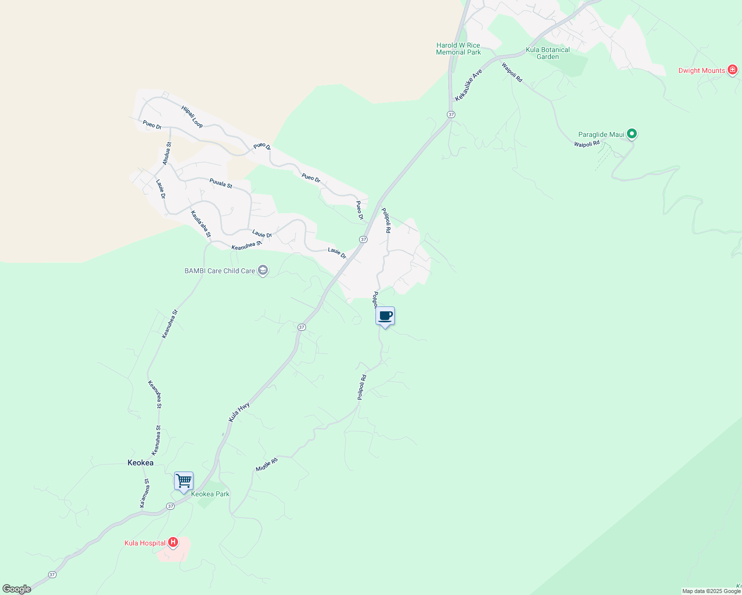 map of restaurants, bars, coffee shops, grocery stores, and more near 610 Polipoli Road in Kula
