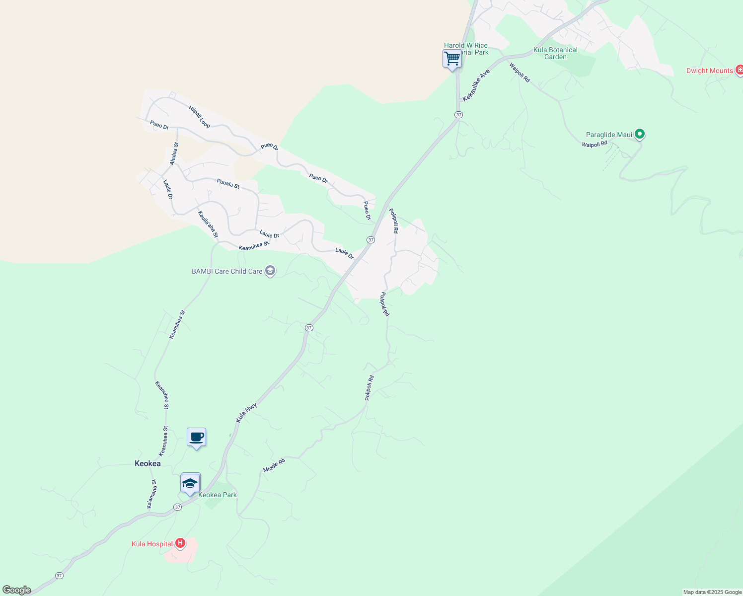 map of restaurants, bars, coffee shops, grocery stores, and more near 610 Polipoli Road in Kula