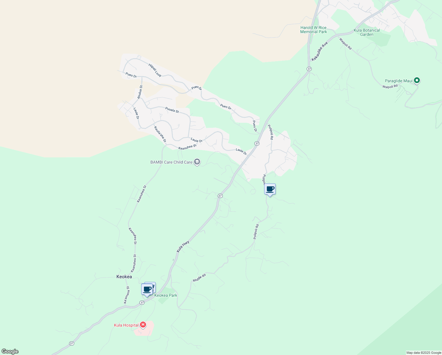 map of restaurants, bars, coffee shops, grocery stores, and more near 7850 Kula Highway in Kula