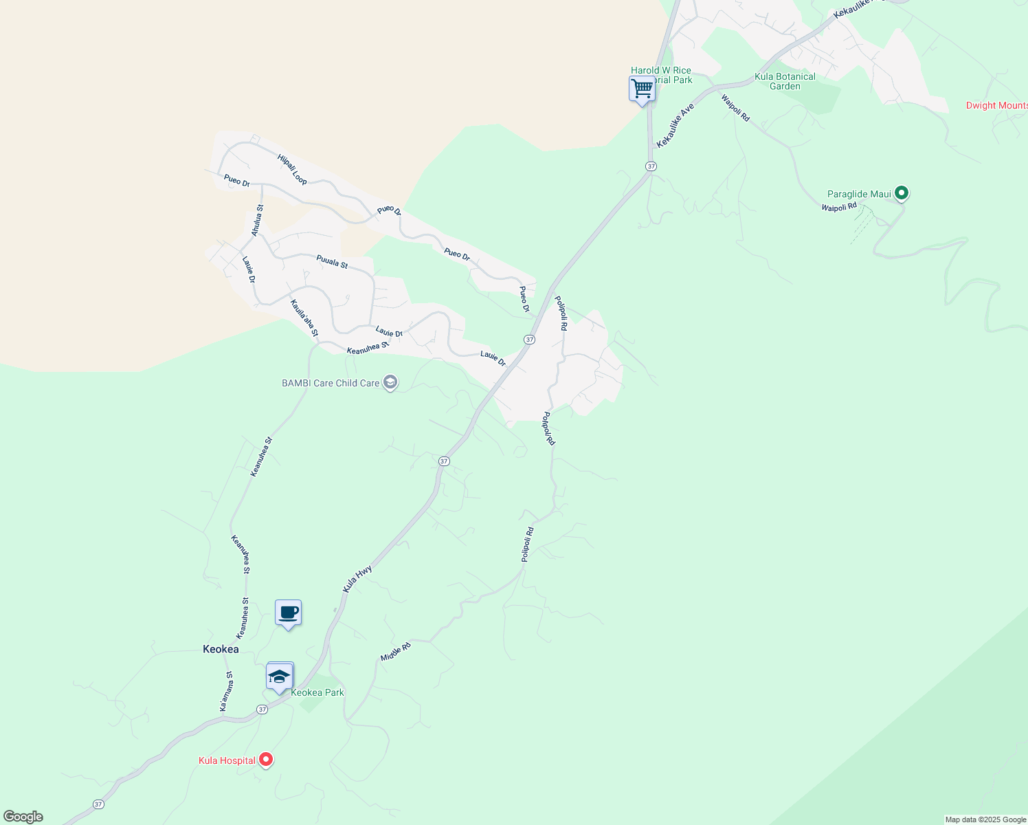 map of restaurants, bars, coffee shops, grocery stores, and more near 100 Malia-Uli Place in Kula
