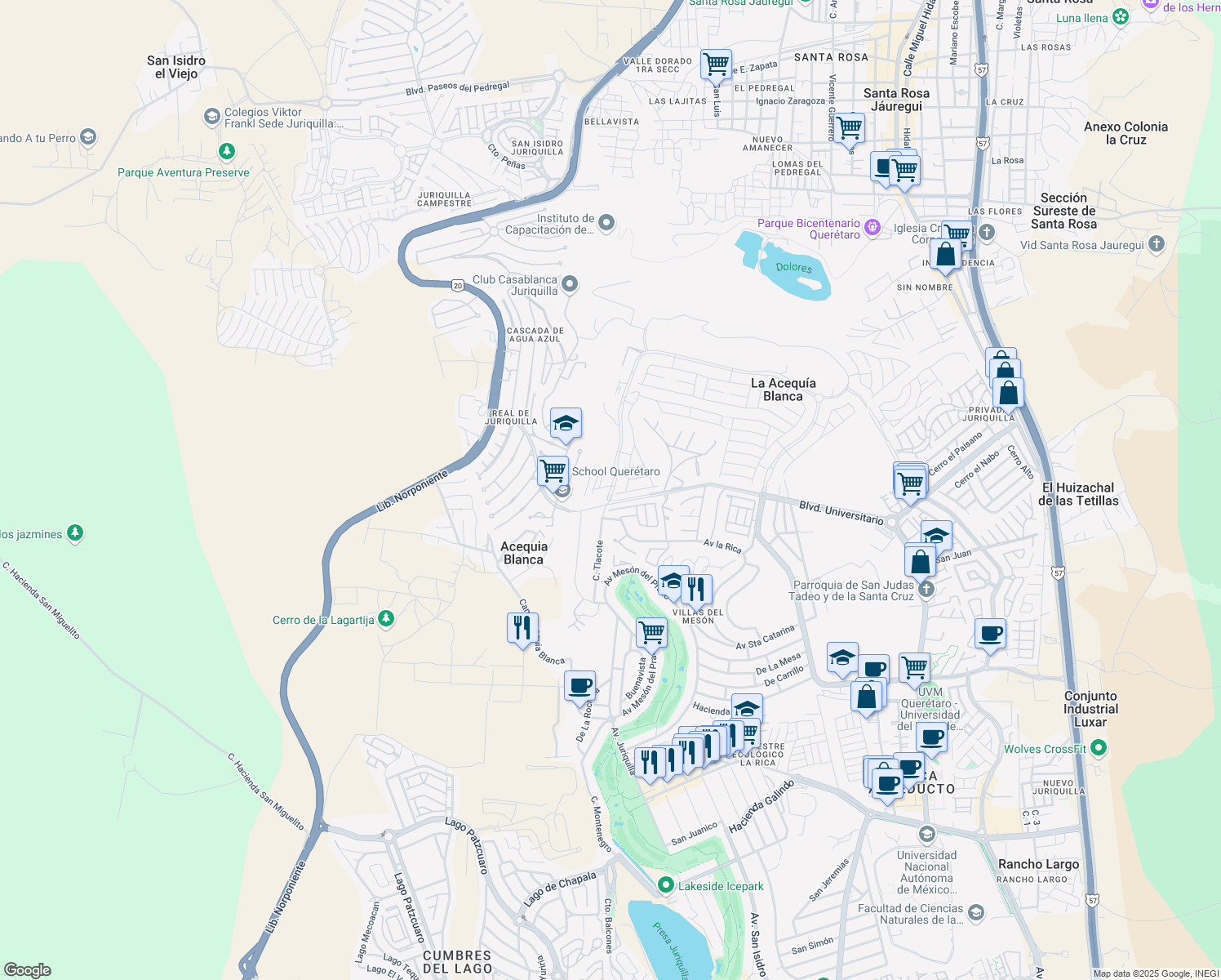 map of restaurants, bars, coffee shops, grocery stores, and more near s/n Misión de San Francisco in Santa Rosa Jáuregui