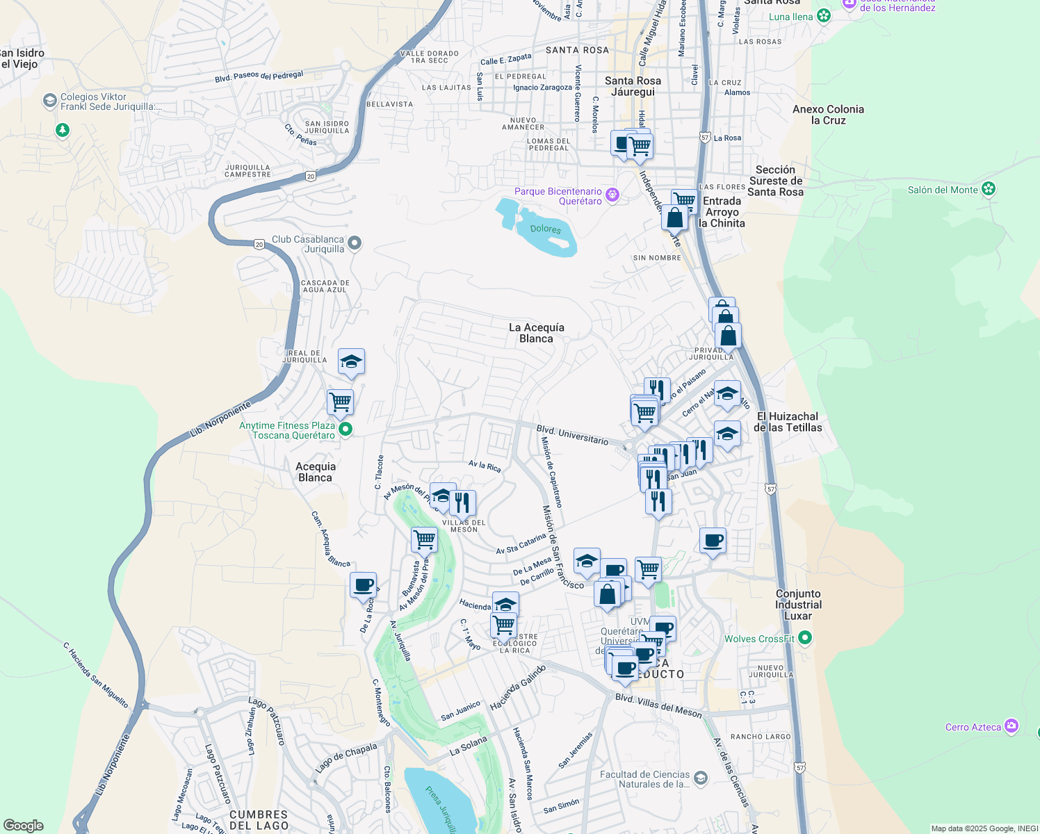 map of restaurants, bars, coffee shops, grocery stores, and more near s/n Misión de San Francisco in Santa Rosa Jáuregui