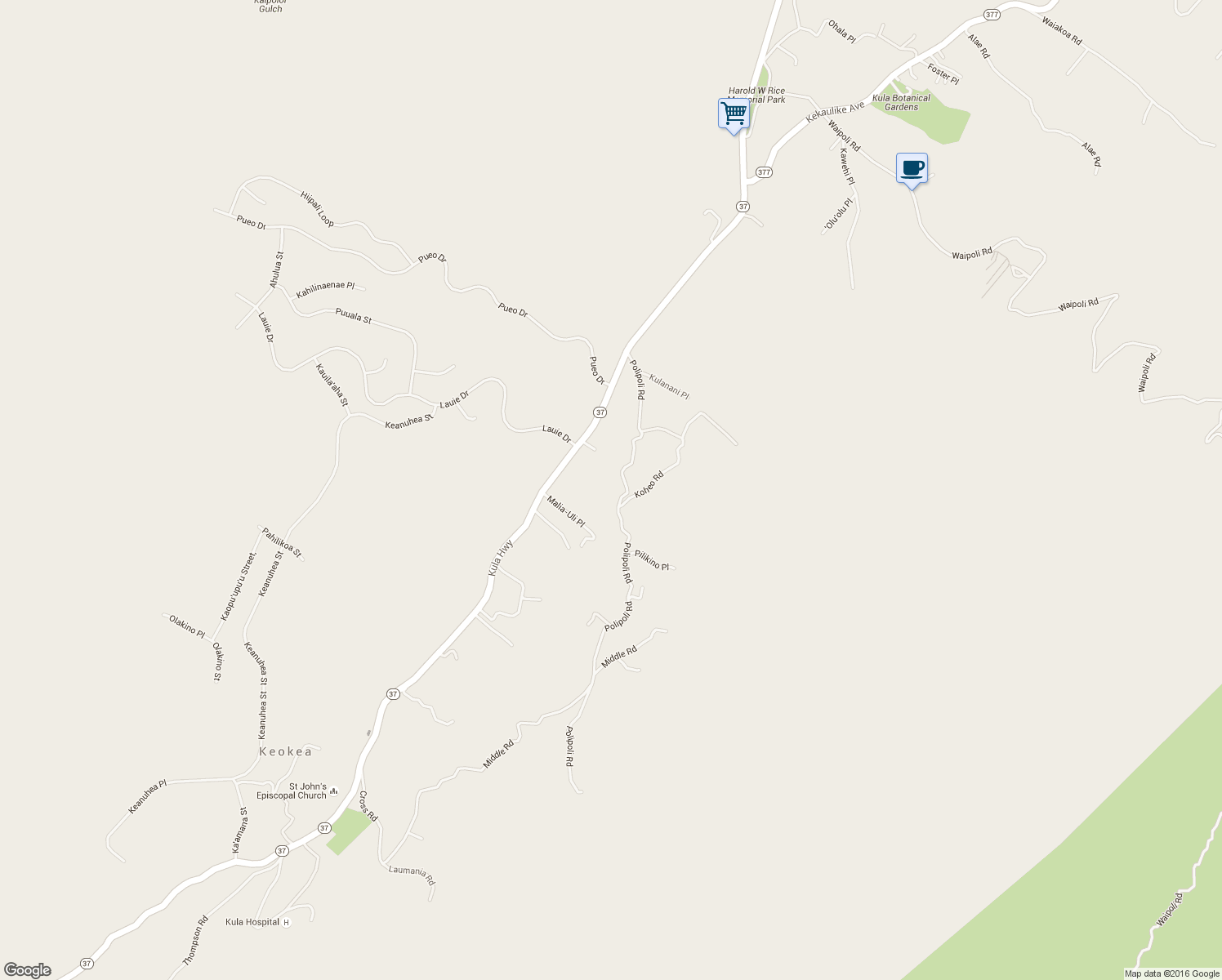 map of restaurants, bars, coffee shops, grocery stores, and more near 520 Polipoli Road in Kula