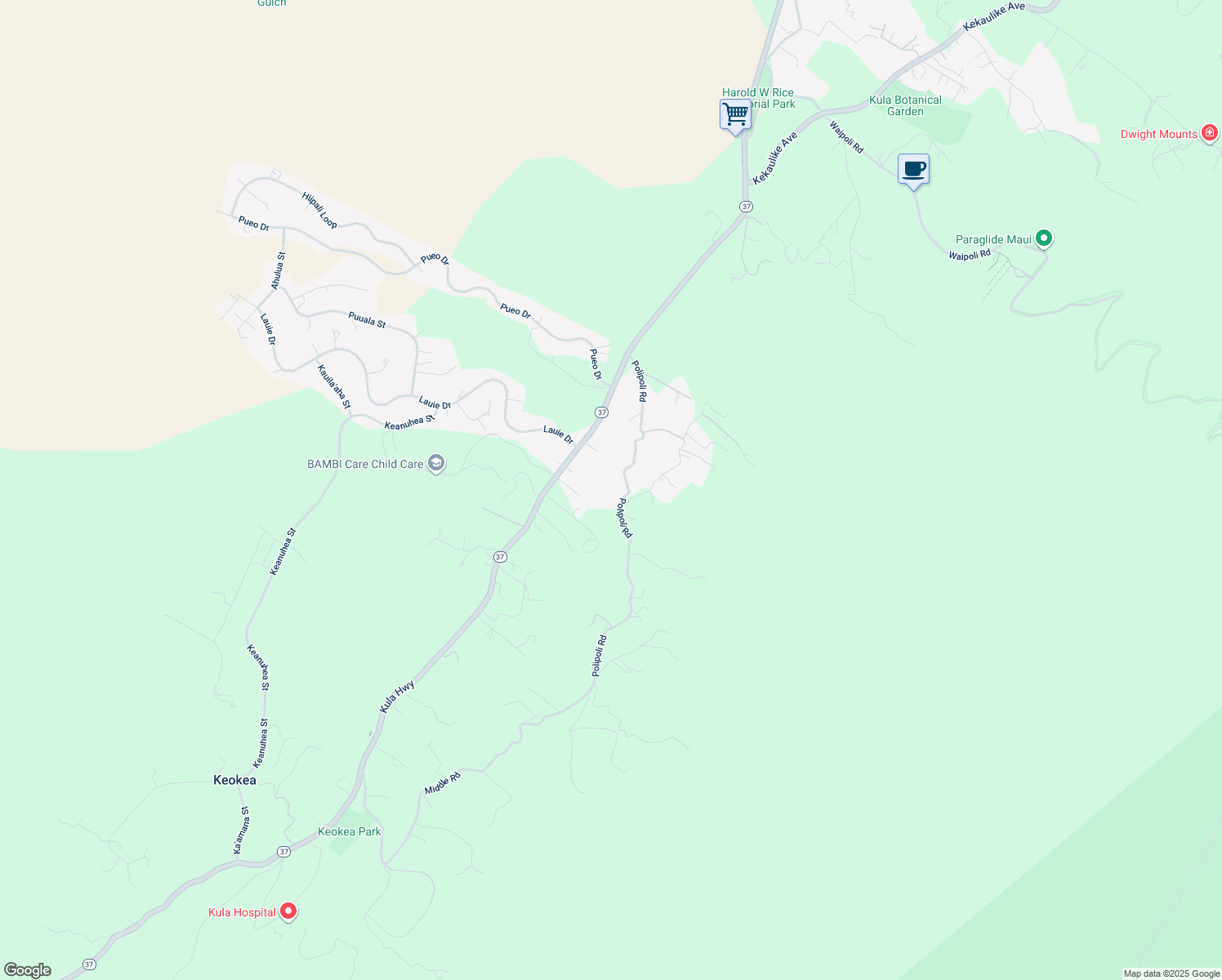 map of restaurants, bars, coffee shops, grocery stores, and more near 520 Polipoli Road in Kula