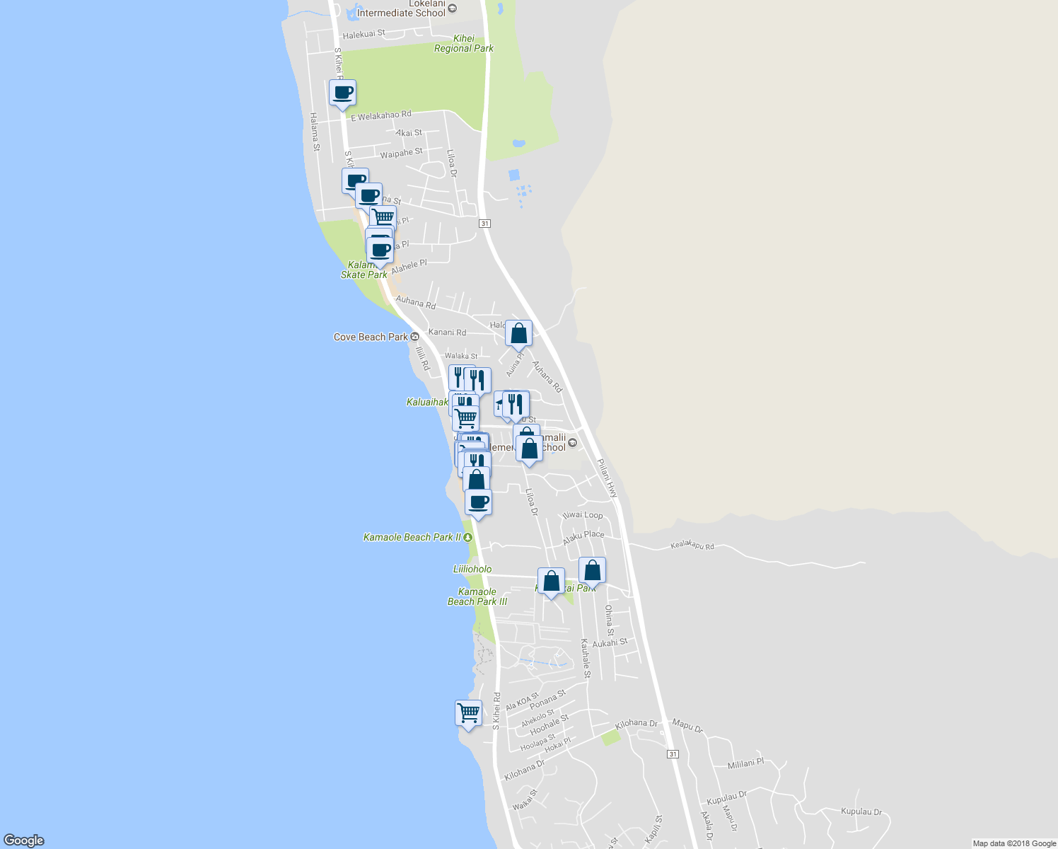 map of restaurants, bars, coffee shops, grocery stores, and more near 206 Kuli Puu Street in Kihei