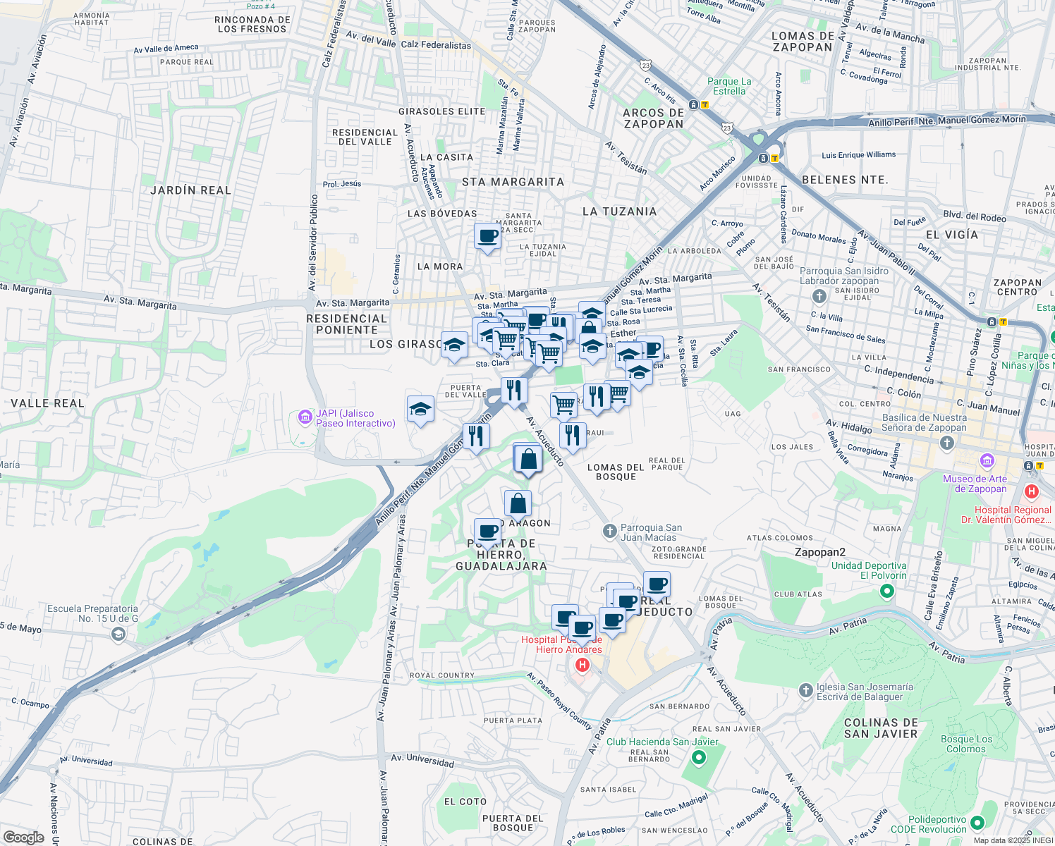 map of restaurants, bars, coffee shops, grocery stores, and more near 6075 Avenida Acueducto in Zapopan