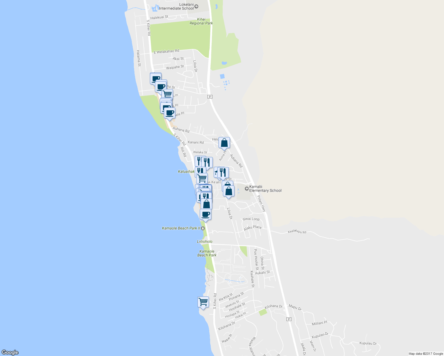 map of restaurants, bars, coffee shops, grocery stores, and more near 180 Kuli Puu Street in Kihei