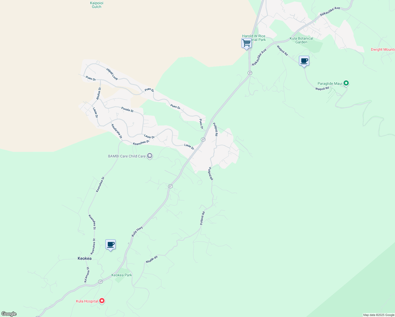 map of restaurants, bars, coffee shops, grocery stores, and more near 7575 Kula Highway in Kula