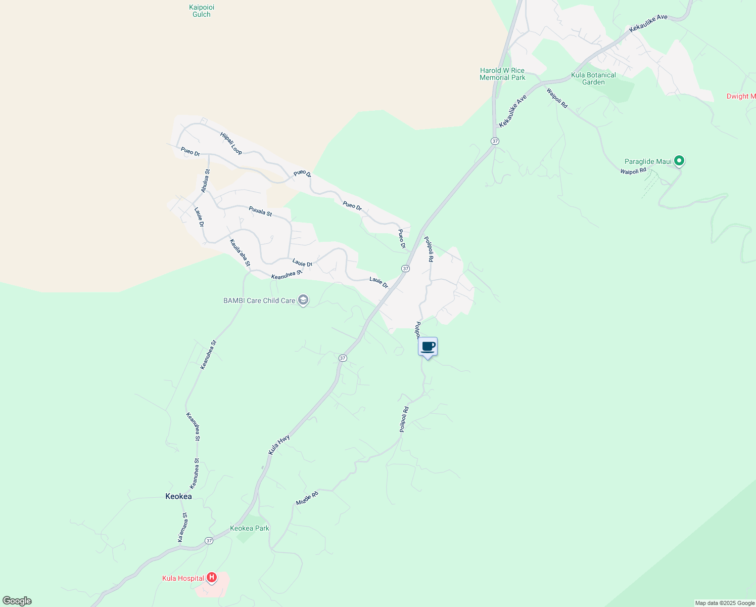 map of restaurants, bars, coffee shops, grocery stores, and more near 7636 Kula Highway in Kula