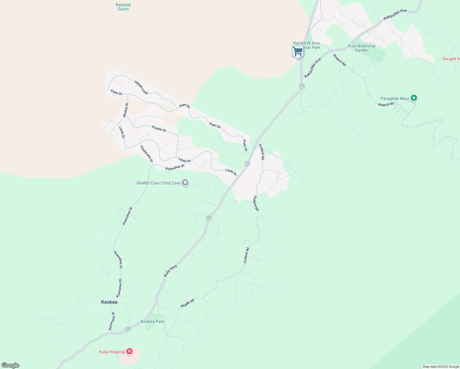 map of restaurants, bars, coffee shops, grocery stores, and more near 7636 Kula Highway in Kula