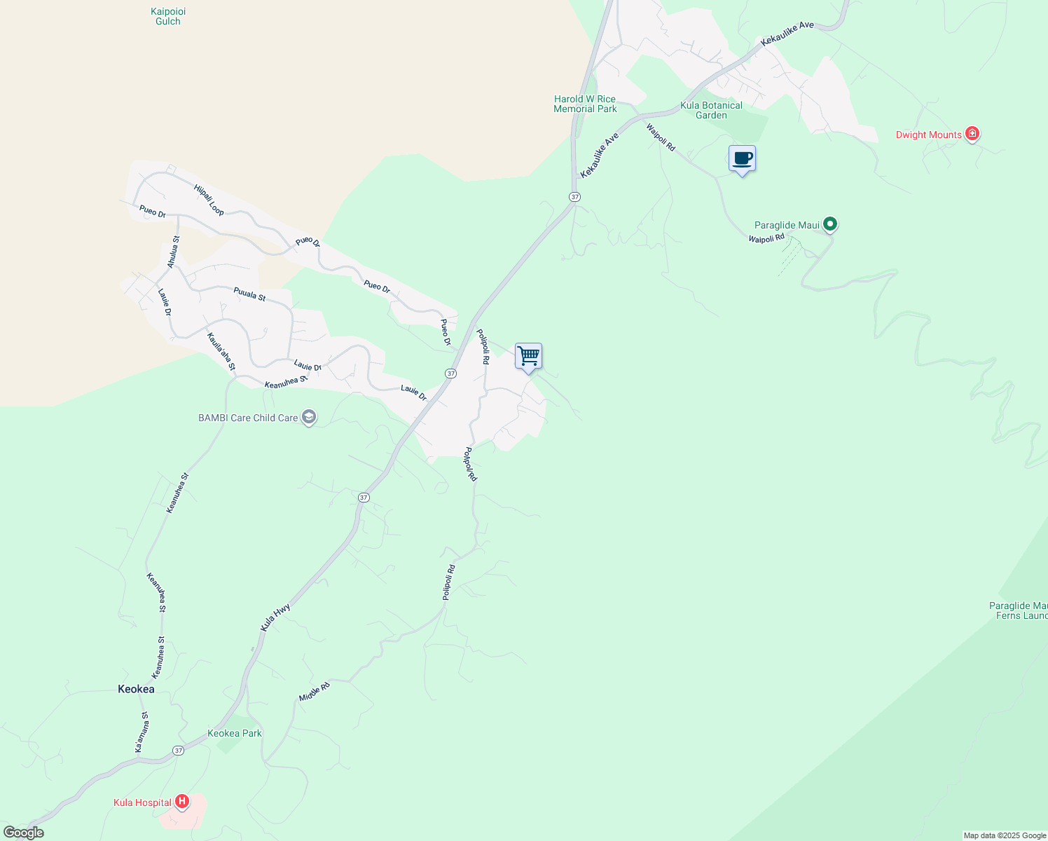 map of restaurants, bars, coffee shops, grocery stores, and more near 246 Koheo Road in Kula