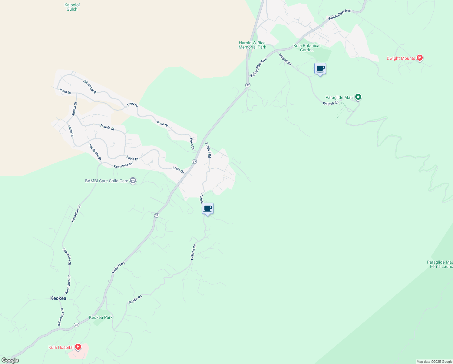 map of restaurants, bars, coffee shops, grocery stores, and more near 246 Koheo Road in Kula